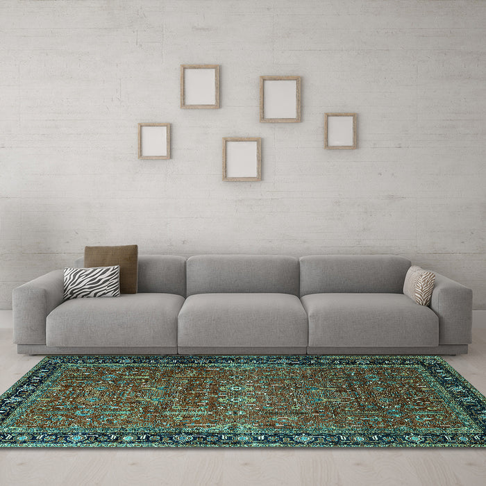 Machine Washable Oriental Turquoise Industrial Area Rugs in a Living Room,, wshurb2289turq