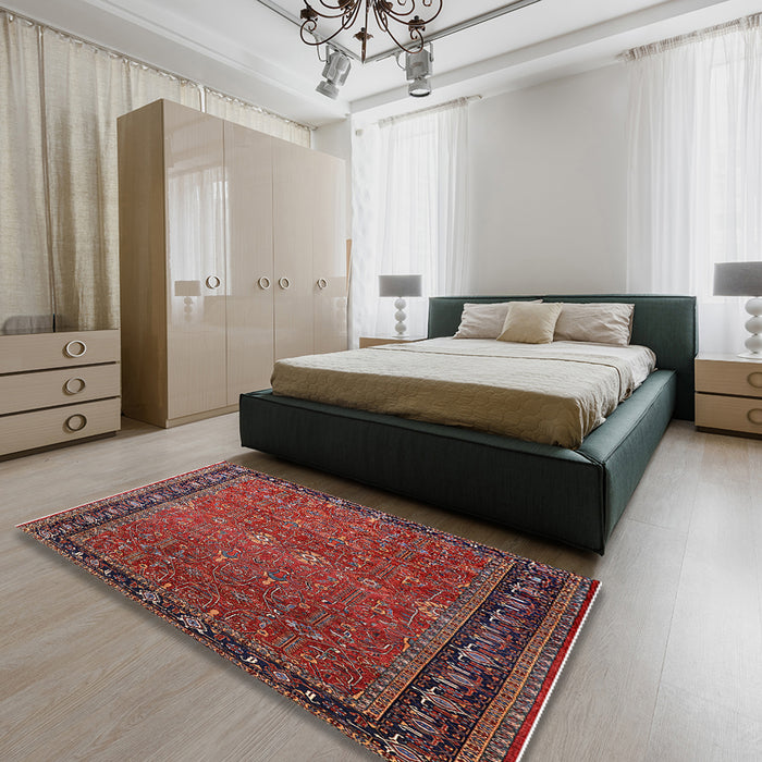 Mid-Century Modern Dark Almond Brown Oriental Rug in a Bedroom, urb2289