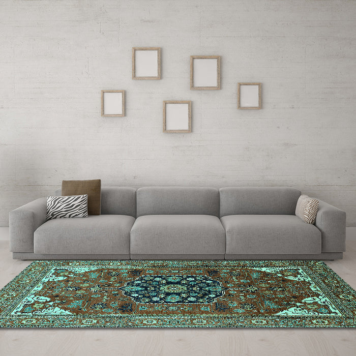 Machine Washable Persian Turquoise Traditional Area Rugs in a Living Room,, wshurb2290turq