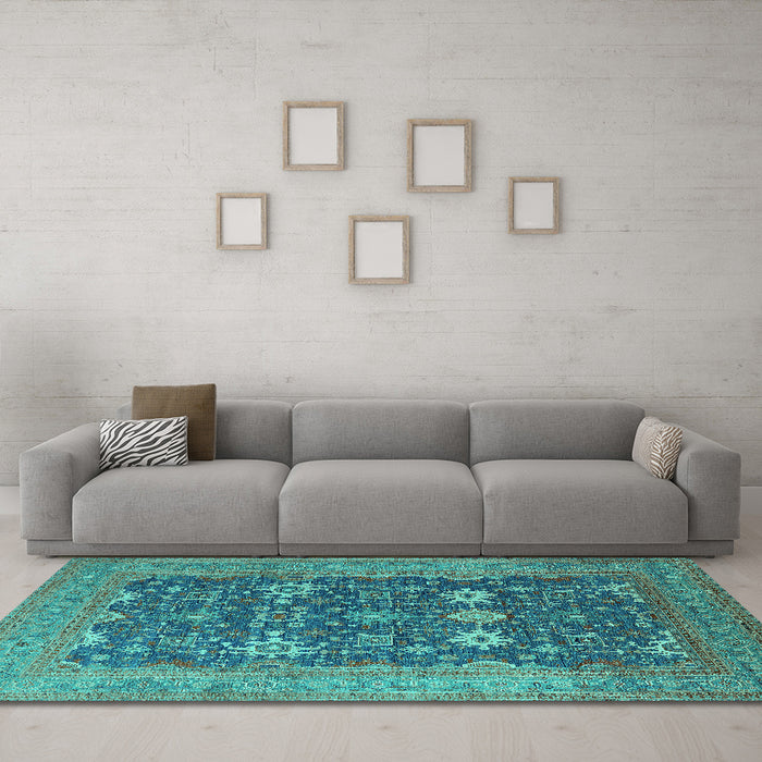 Machine Washable Oriental Turquoise Traditional Area Rugs in a Living Room,, wshurb2291turq