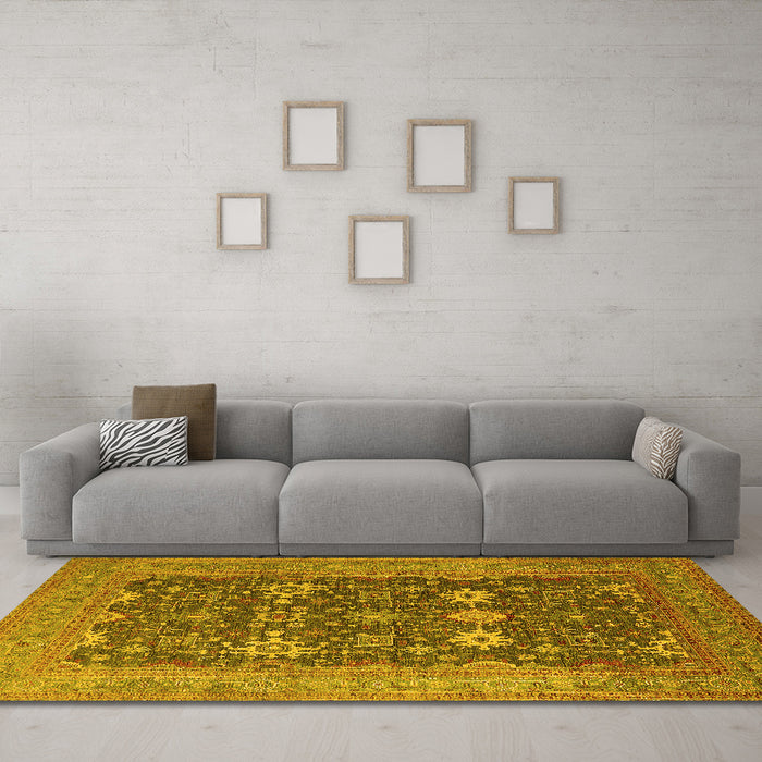 Machine Washable Oriental Yellow Traditional Rug in a Living Room, wshurb2291yw