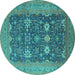 Round Machine Washable Oriental Turquoise Traditional Area Rugs, wshurb2291turq