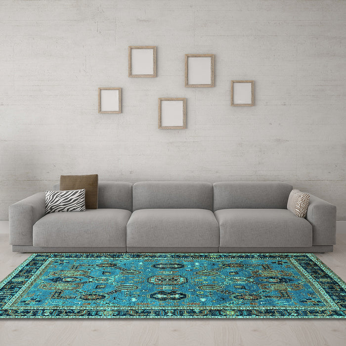 Machine Washable Oriental Turquoise Traditional Area Rugs in a Living Room,, wshurb2292turq