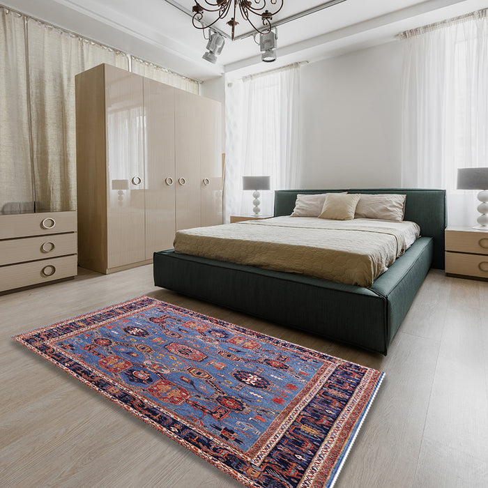 Mid-Century Modern Maroon Purple Oriental Rug in a Bedroom, urb2292