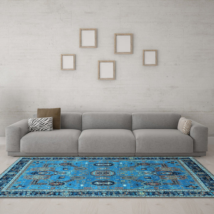Machine Washable Oriental Light Blue Traditional Rug in a Living Room, wshurb2292lblu