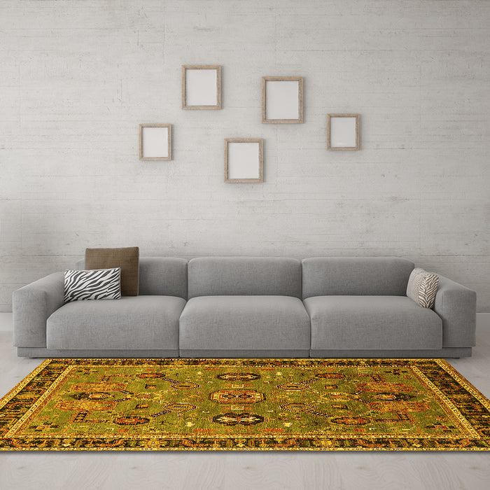 Machine Washable Oriental Yellow Traditional Rug in a Living Room, wshurb2292yw