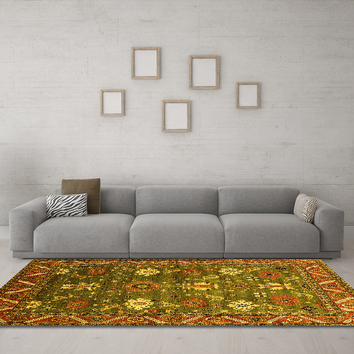 Machine Washable Oriental Yellow Traditional Rug in a Living Room, wshurb2293yw