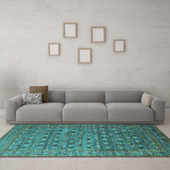 Machine Washable Oriental Turquoise Traditional Area Rugs in a Living Room,, wshurb2294turq