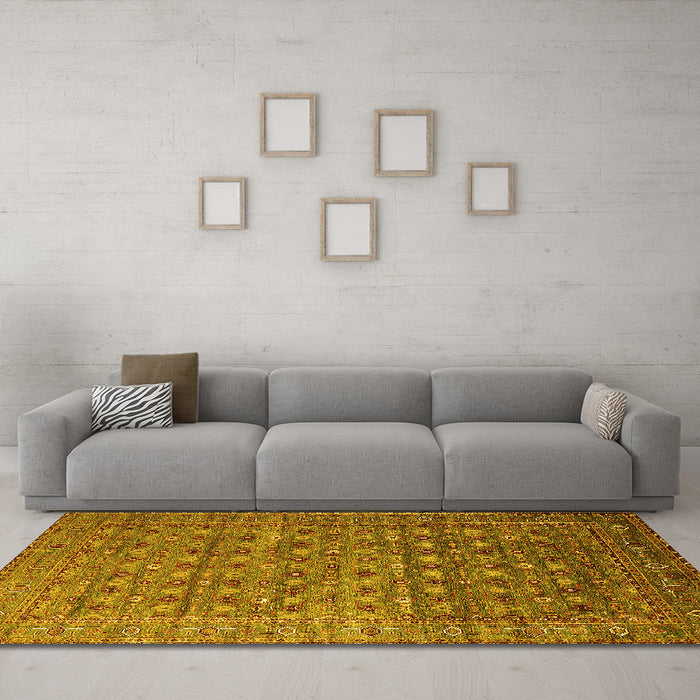 Machine Washable Oriental Yellow Traditional Rug in a Living Room, wshurb2294yw