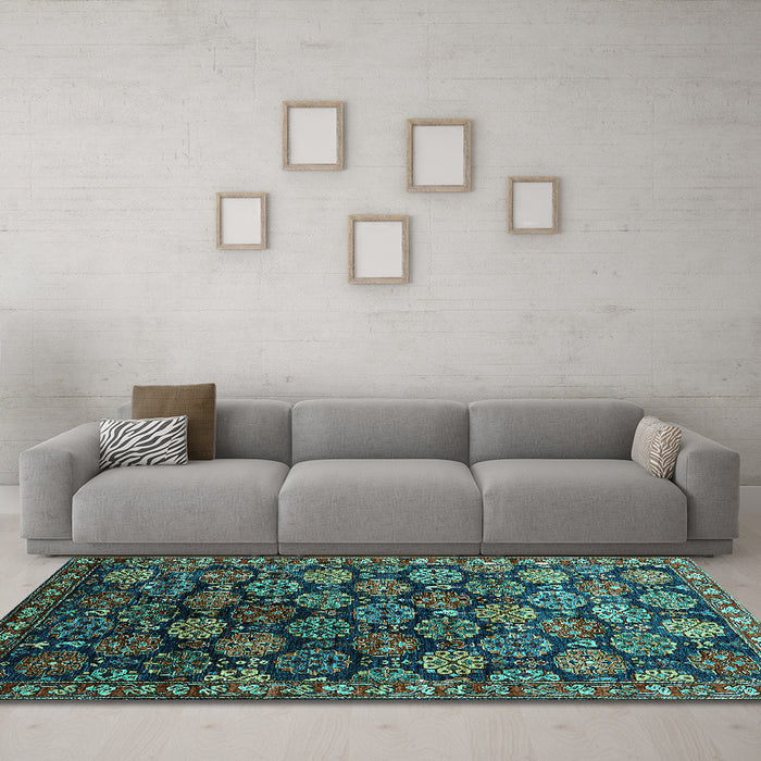 Machine Washable Oriental Turquoise Industrial Area Rugs in a Living Room,, wshurb2295turq