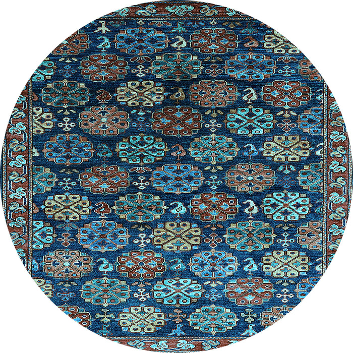 Round Machine Washable Oriental Light Blue Industrial Rug, wshurb2295lblu