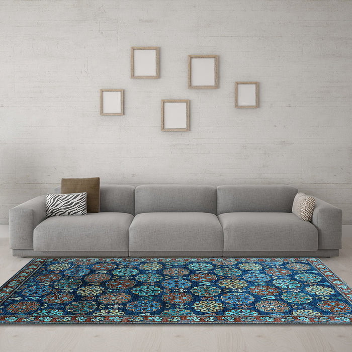 Machine Washable Oriental Light Blue Industrial Rug in a Living Room, wshurb2295lblu