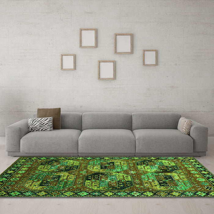 Machine Washable Oriental Green Industrial Area Rugs in a Living Room,, wshurb2296grn