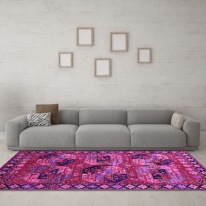 Machine Washable Oriental Pink Industrial Rug in a Living Room, wshurb2296pnk