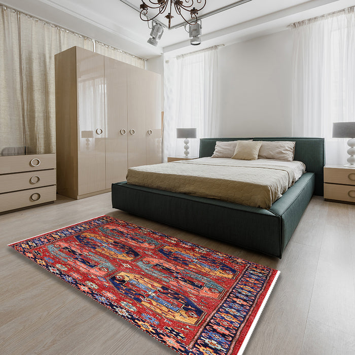 Mid-Century Modern Rose Purple Oriental Rug in a Bedroom, urb2296