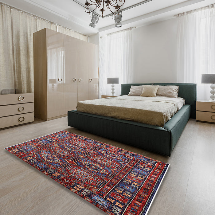 Mid-Century Modern Saffron Red Oriental Rug in a Bedroom, urb2297