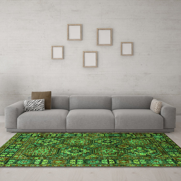 Machine Washable Oriental Green Industrial Area Rugs in a Living Room,, wshurb2297grn