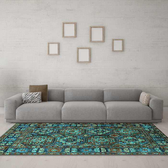 Machine Washable Oriental Turquoise Industrial Area Rugs in a Living Room,, wshurb2297turq