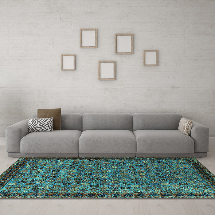 Machine Washable Oriental Turquoise Industrial Area Rugs in a Living Room,, wshurb2298turq