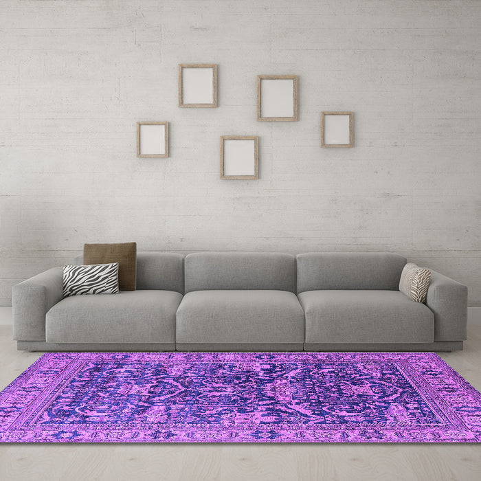 Machine Washable Oriental Purple Traditional Area Rugs in a Living Room, wshurb2299pur