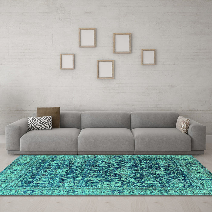 Machine Washable Oriental Turquoise Traditional Area Rugs in a Living Room,, wshurb2299turq