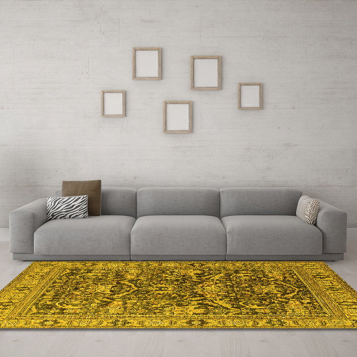 Machine Washable Oriental Yellow Traditional Rug in a Living Room, wshurb2299yw