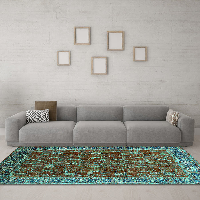 Machine Washable Oriental Turquoise Traditional Area Rugs in a Living Room,, wshurb2300turq