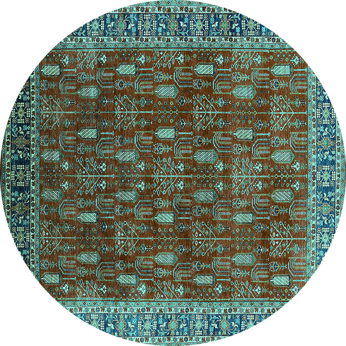 Round Machine Washable Oriental Turquoise Traditional Area Rugs, wshurb2300turq