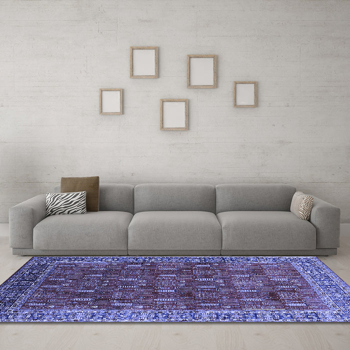 Machine Washable Oriental Blue Traditional Rug in a Living Room, wshurb2300blu