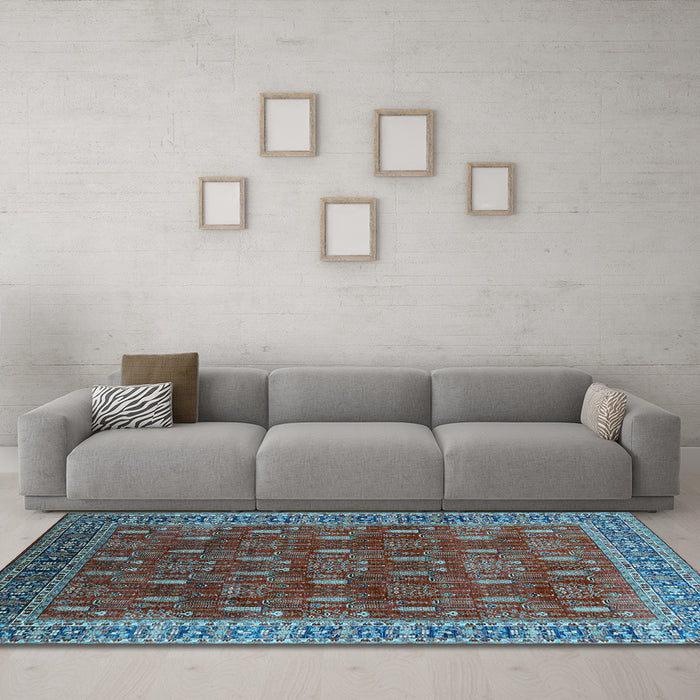 Machine Washable Oriental Light Blue Traditional Rug in a Living Room, wshurb2300lblu