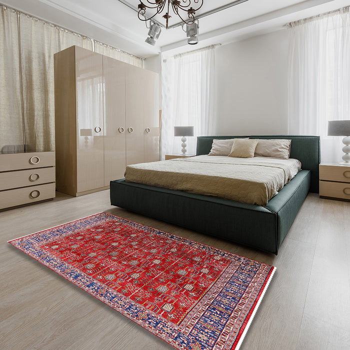 Mid-Century Modern Red Oriental Rug in a Bedroom, urb2300