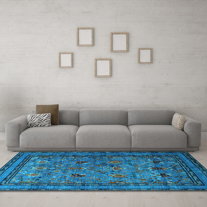 Machine Washable Oriental Light Blue Traditional Rug in a Living Room, wshurb2302lblu