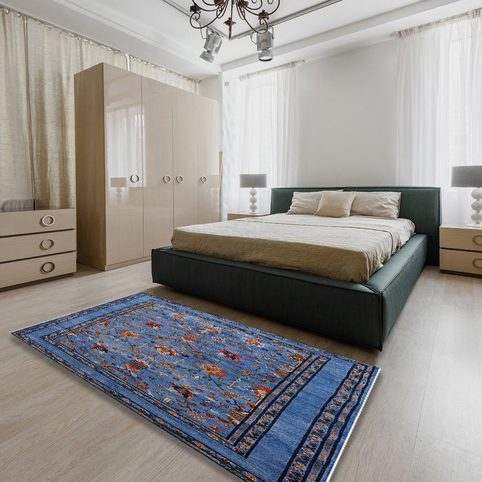Machine Washable Industrial Modern Silk Blue Rug in a Bedroom, wshurb2302