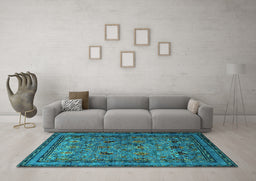 Machine Washable Oriental Turquoise Traditional Area Rugs in a Living Room,, wshurb2302turq