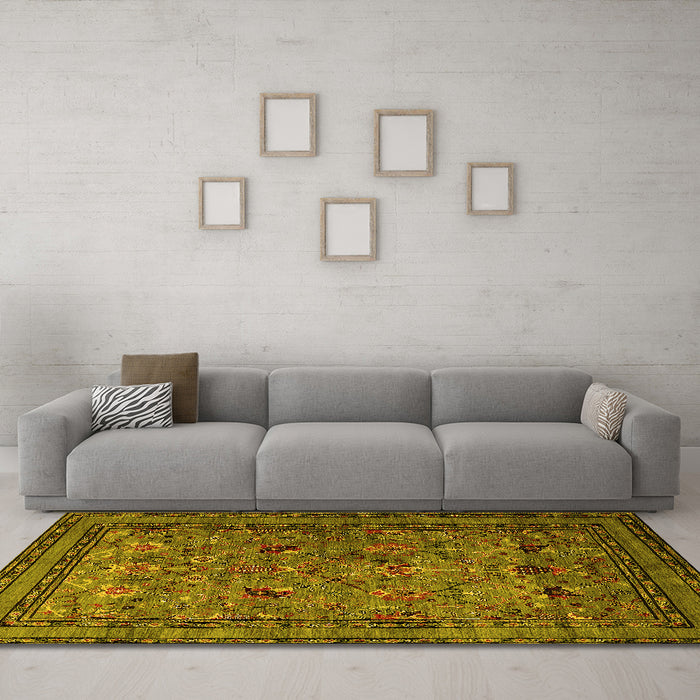 Machine Washable Oriental Yellow Traditional Rug in a Living Room, wshurb2302yw