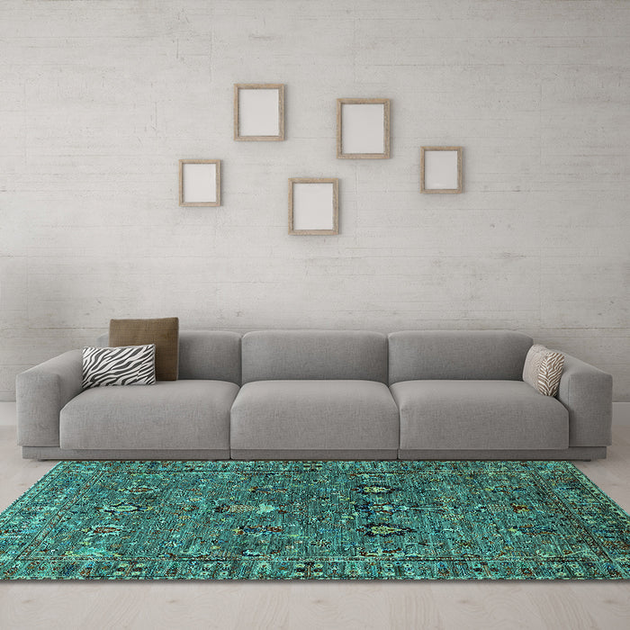 Machine Washable Oriental Turquoise Industrial Area Rugs in a Living Room,, wshurb2303turq