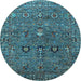 Round Machine Washable Oriental Light Blue Industrial Rug, wshurb2303lblu