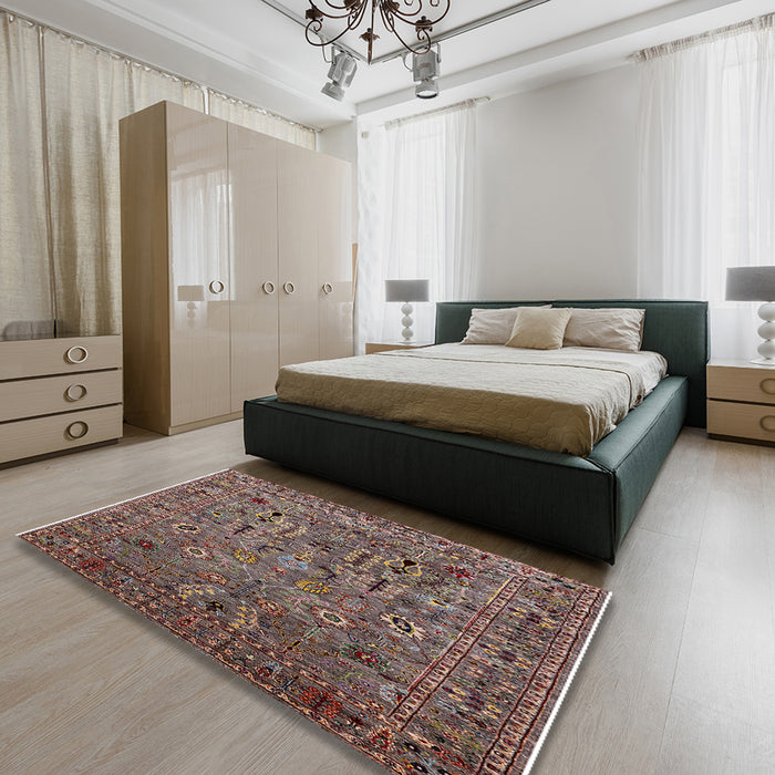 Mid-Century Modern Red Brown Oriental Rug in a Bedroom, urb2304