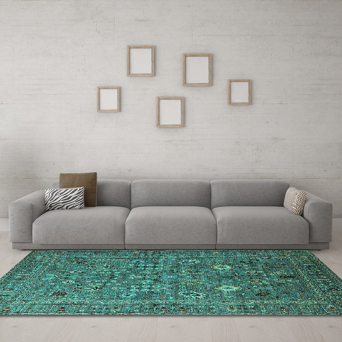 Machine Washable Oriental Turquoise Industrial Area Rugs in a Living Room,, wshurb2305turq