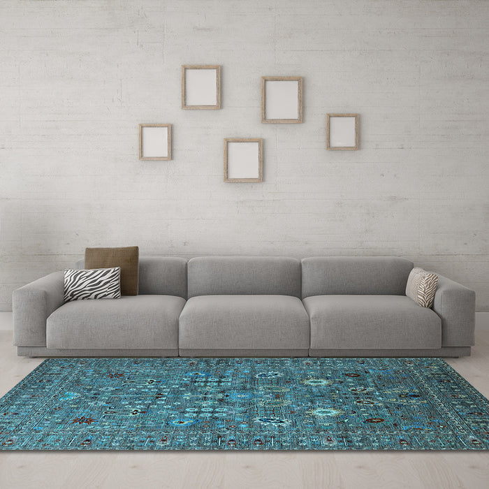 Machine Washable Oriental Light Blue Industrial Rug in a Living Room, wshurb2305lblu