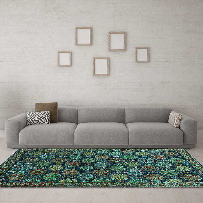 Machine Washable Oriental Turquoise Industrial Area Rugs in a Living Room,, wshurb2306turq