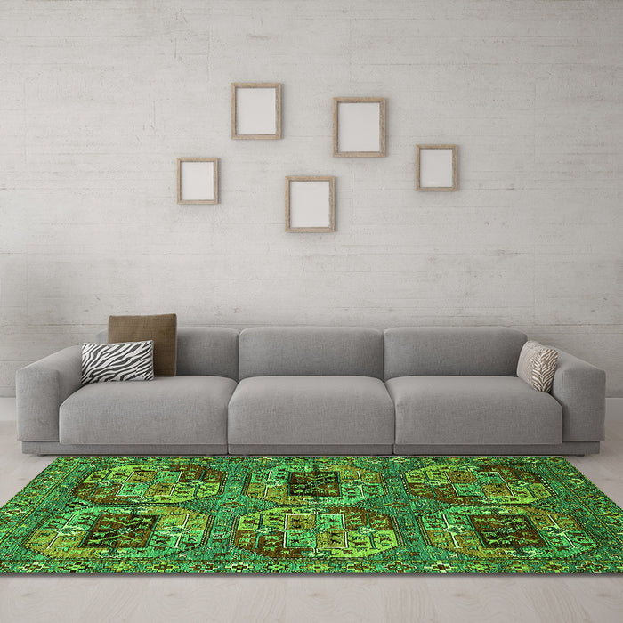 Machine Washable Oriental Green Industrial Area Rugs in a Living Room,, wshurb2307grn