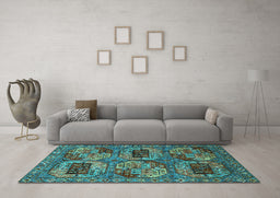 Machine Washable Oriental Turquoise Industrial Area Rugs in a Living Room,, wshurb2307turq