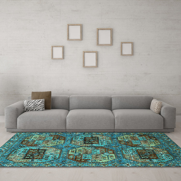 Machine Washable Oriental Turquoise Industrial Area Rugs in a Living Room,, wshurb2307turq
