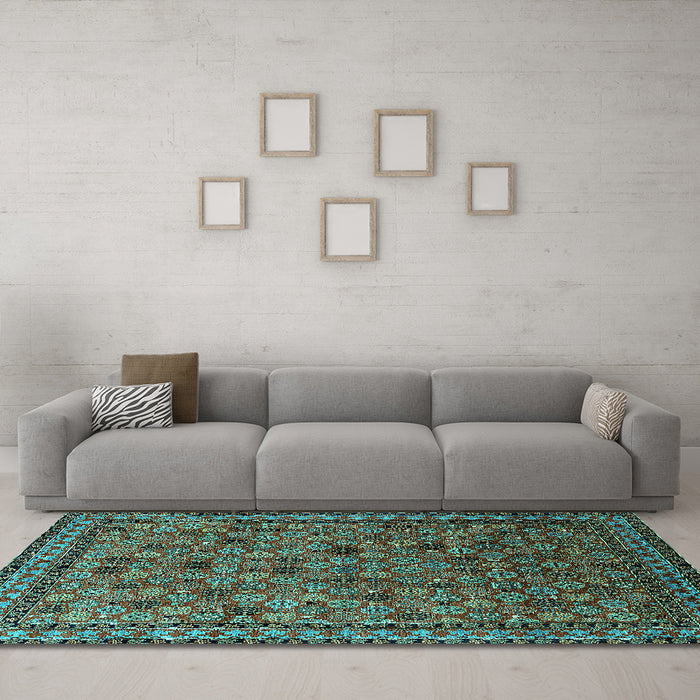 Machine Washable Oriental Turquoise Industrial Area Rugs in a Living Room,, wshurb2308turq