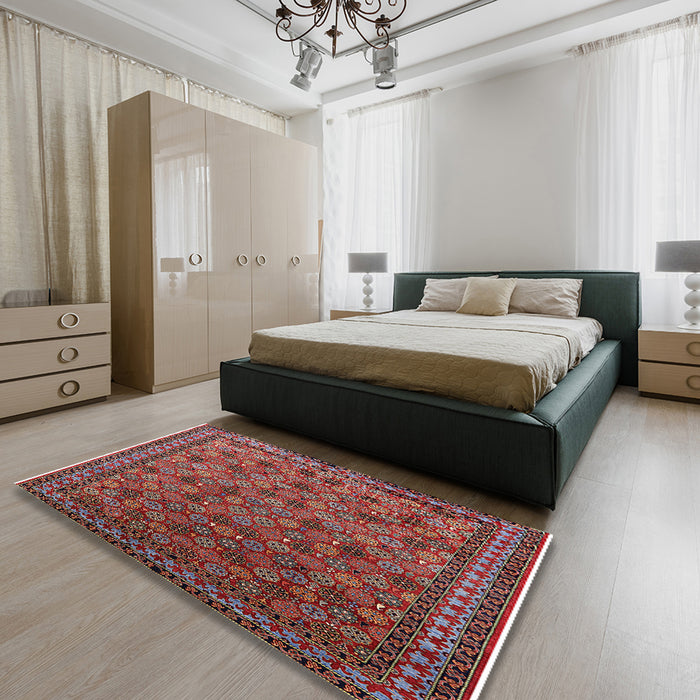 Mid-Century Modern Cranberry Red Oriental Rug in a Bedroom, urb2308