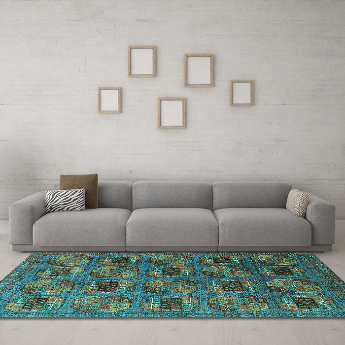 Machine Washable Oriental Turquoise Industrial Area Rugs in a Living Room,, wshurb2309turq
