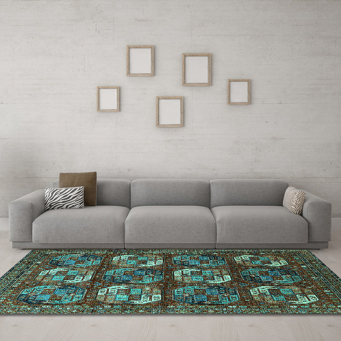 Machine Washable Oriental Turquoise Industrial Area Rugs in a Living Room,, wshurb2310turq