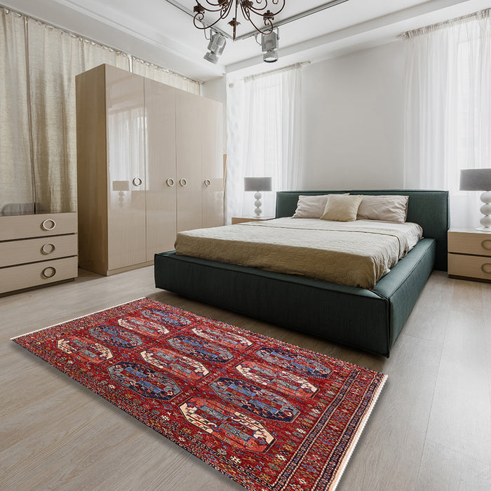 Mid-Century Modern Rose Purple Oriental Rug in a Bedroom, urb2310
