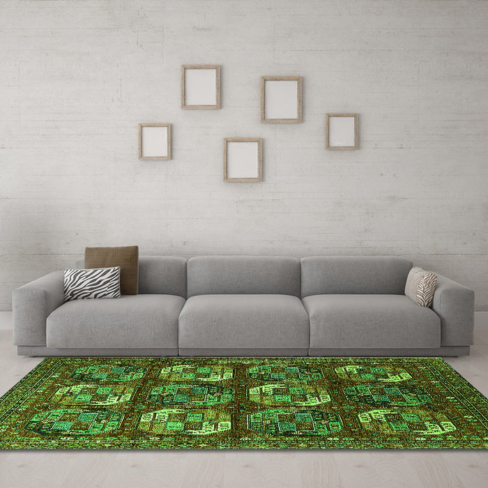 Machine Washable Oriental Green Industrial Area Rugs in a Living Room,, wshurb2310grn